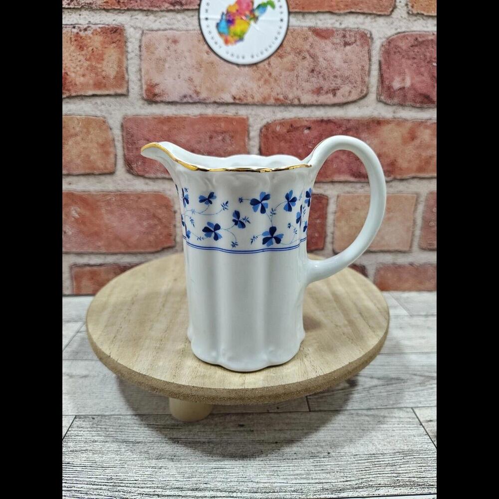 I. Godinger Blue Belle Creamer Porcelain Flower Pattern Gold Accent 4"